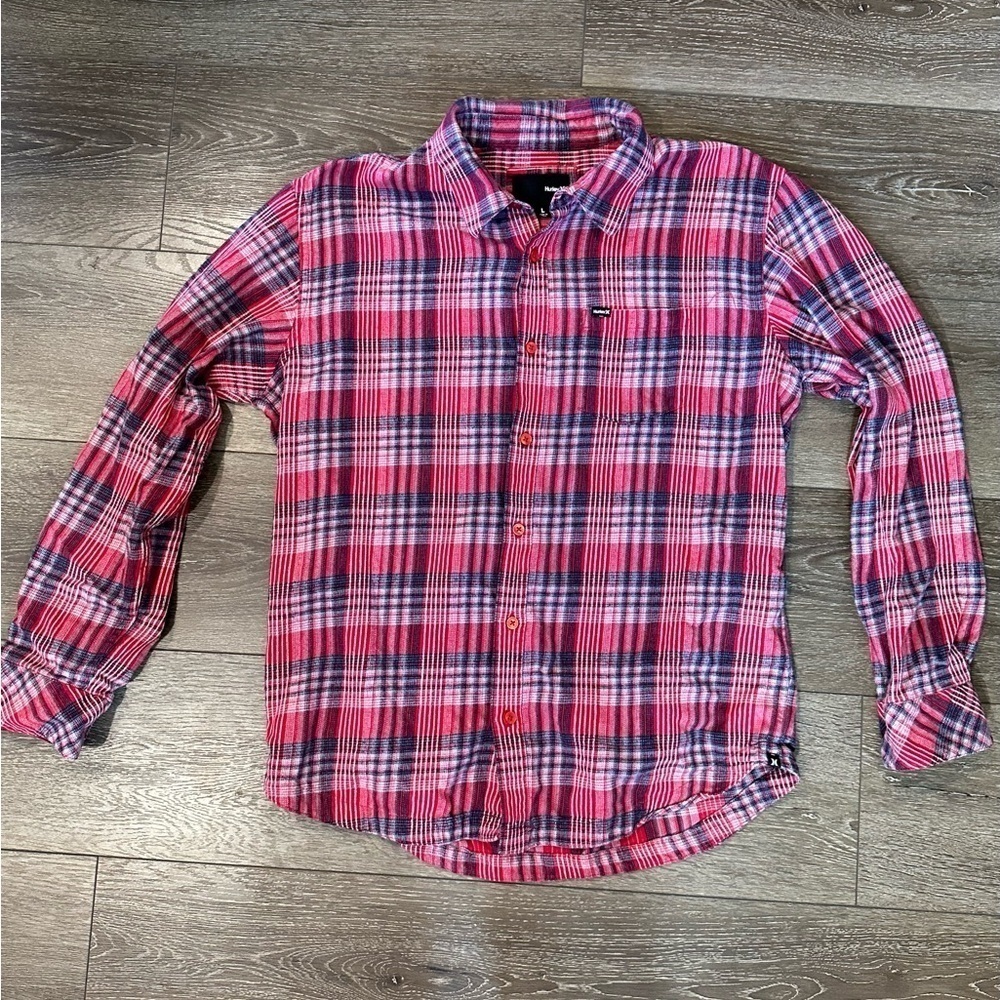 Hurley Lightweight Buffalo Plaid Flannel Button Up Casual Long Sleeve Shirt